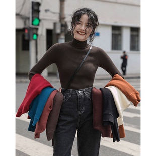 觅定半高领打底衫女秋冬内搭毛衣针织衫加厚上衣冬季新款黑色白色