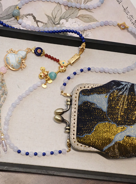 原创设计新中式项链女国风玉髓石长款斜挎链串珠斜挎包口金包