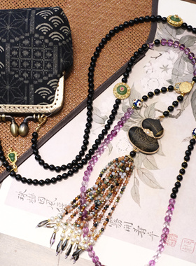 新中式国风复古黑玛瑙手机包手工穿珠链流苏高级感气质单肩斜挎包