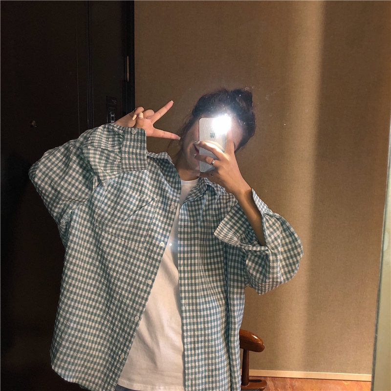 Real photo real price self made small fresh Korean sun proof Shirt Long Sleeve Plaid Shirt coat women's top