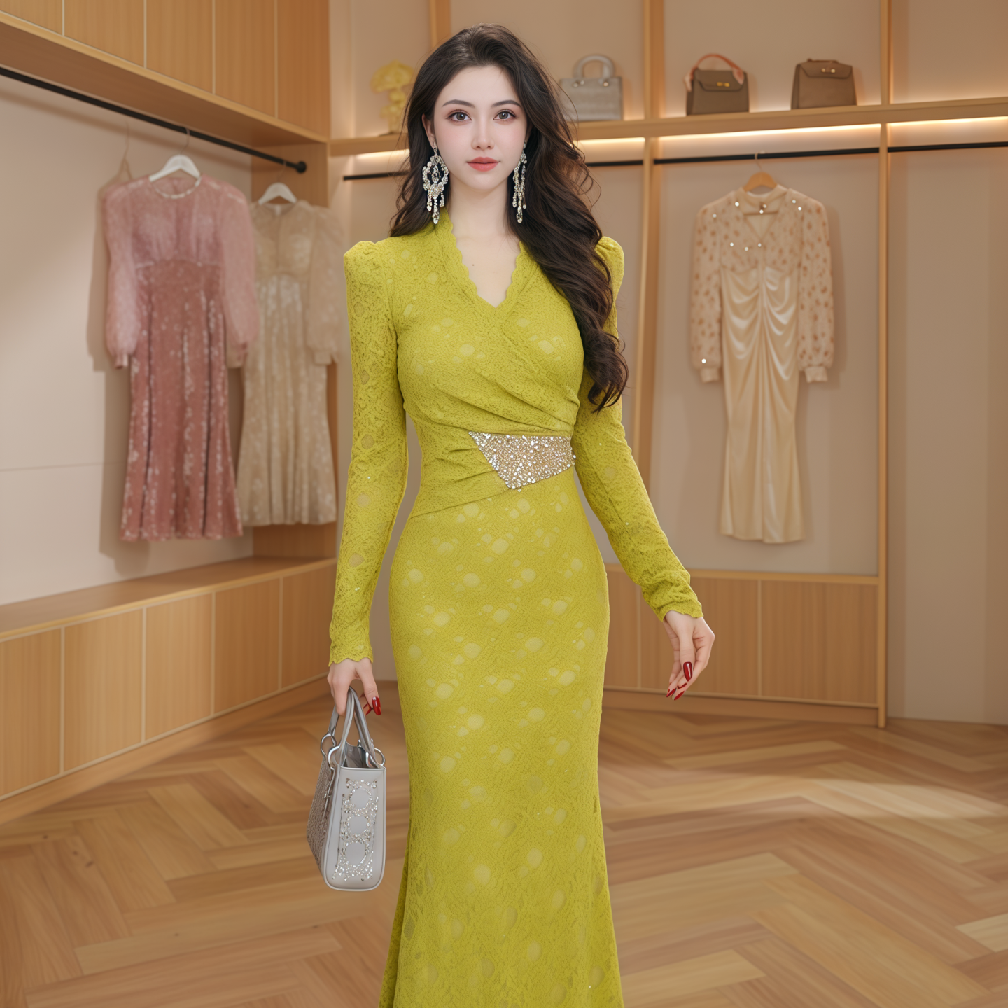 83034法式气质复古V领蕾丝长袖修身鱼尾连衣裙高腰约会中长款优雅,女装/女士精品,礼服/晚装,淘宝优惠券,粉丝福利购,淘宝优惠卷