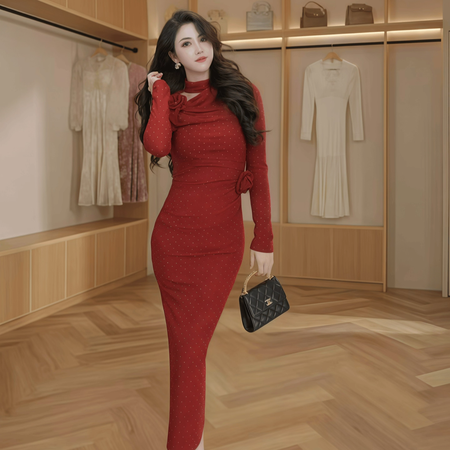 56057 女人味酒红色连衣裙生日party宴会晚礼服连衣裙