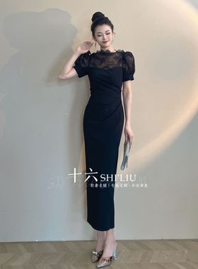 【十六原创】巴黎夜曲·黑色蕾丝优雅显瘦高腰女装连衣裙21687