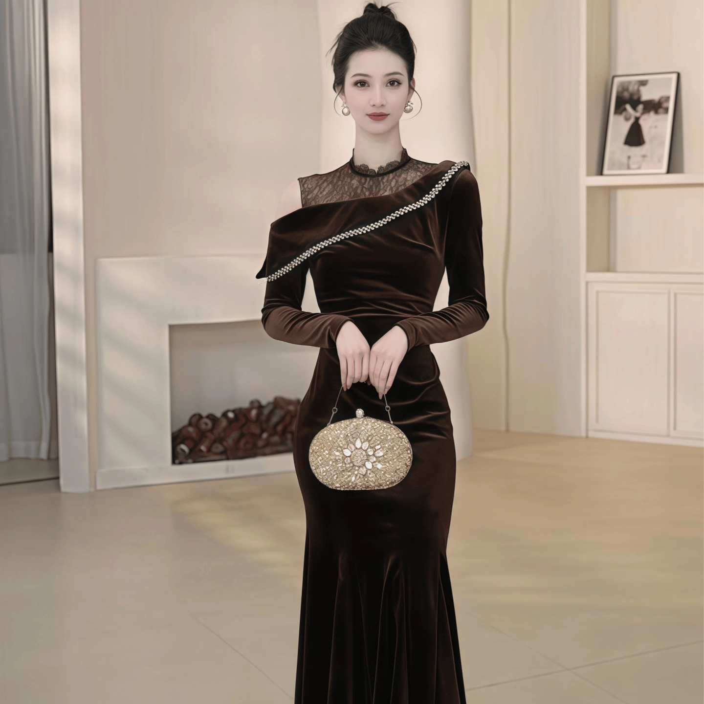 56083 高级感鱼尾晚礼服新款重要场合漂亮绝美年会主持人丝绒长裙