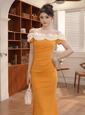 31550云朵设计感撞色黄色晚礼服裙子显瘦修身鱼尾包臀中长连衣裙