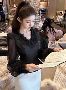 11719 秋冬新款法式圆领网纱灯笼长袖拼接上衣女收腰显瘦名媛小衫