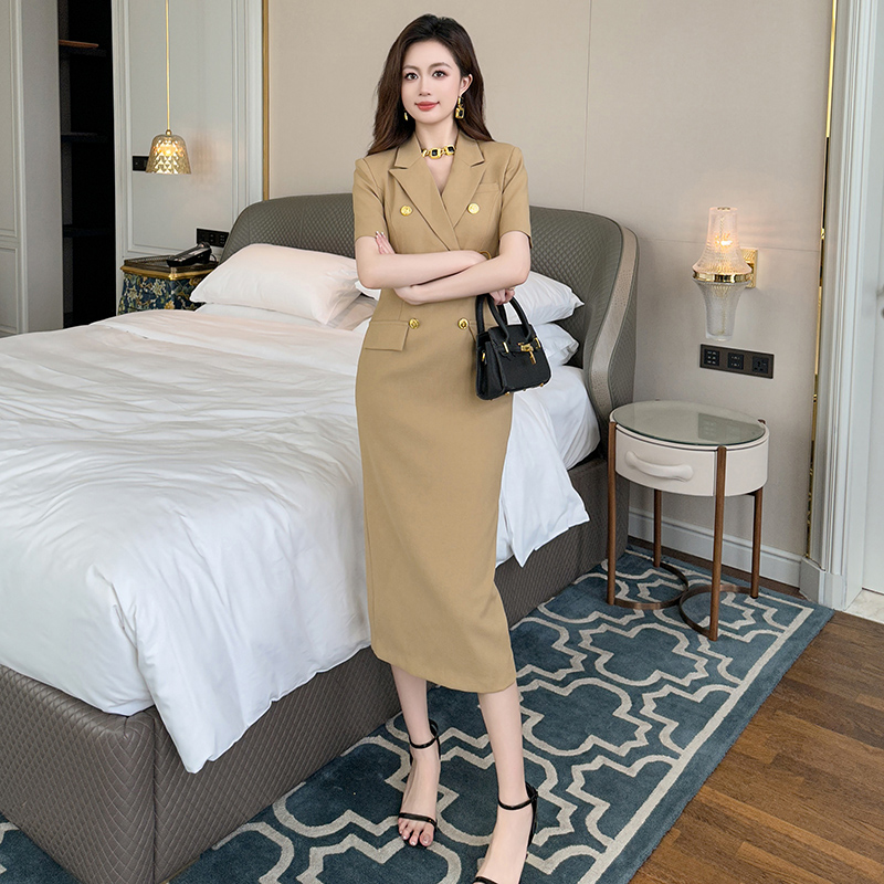 50584女夏季西装领职业中长款短袖高端气质修身包臀正装西装裙子