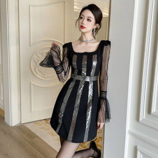 洋气黑色连衣裙女装小个子穿搭收腰a字裙秋季御姐风喇叭长袖短裙