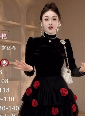 48051 立体玫瑰装花网纱拼接短裙法式浪漫风甜美蓬蓬连衣裙