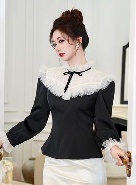 56015 宫廷风蕾丝荷叶边拼接上衣女收腰显瘦蝴蝶结名媛风衬衫