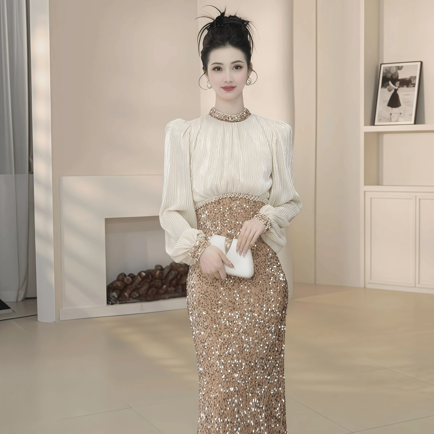22022 秋冬季新款法式精致优雅亮片长袖连衣裙名媛高腰显瘦晚礼服