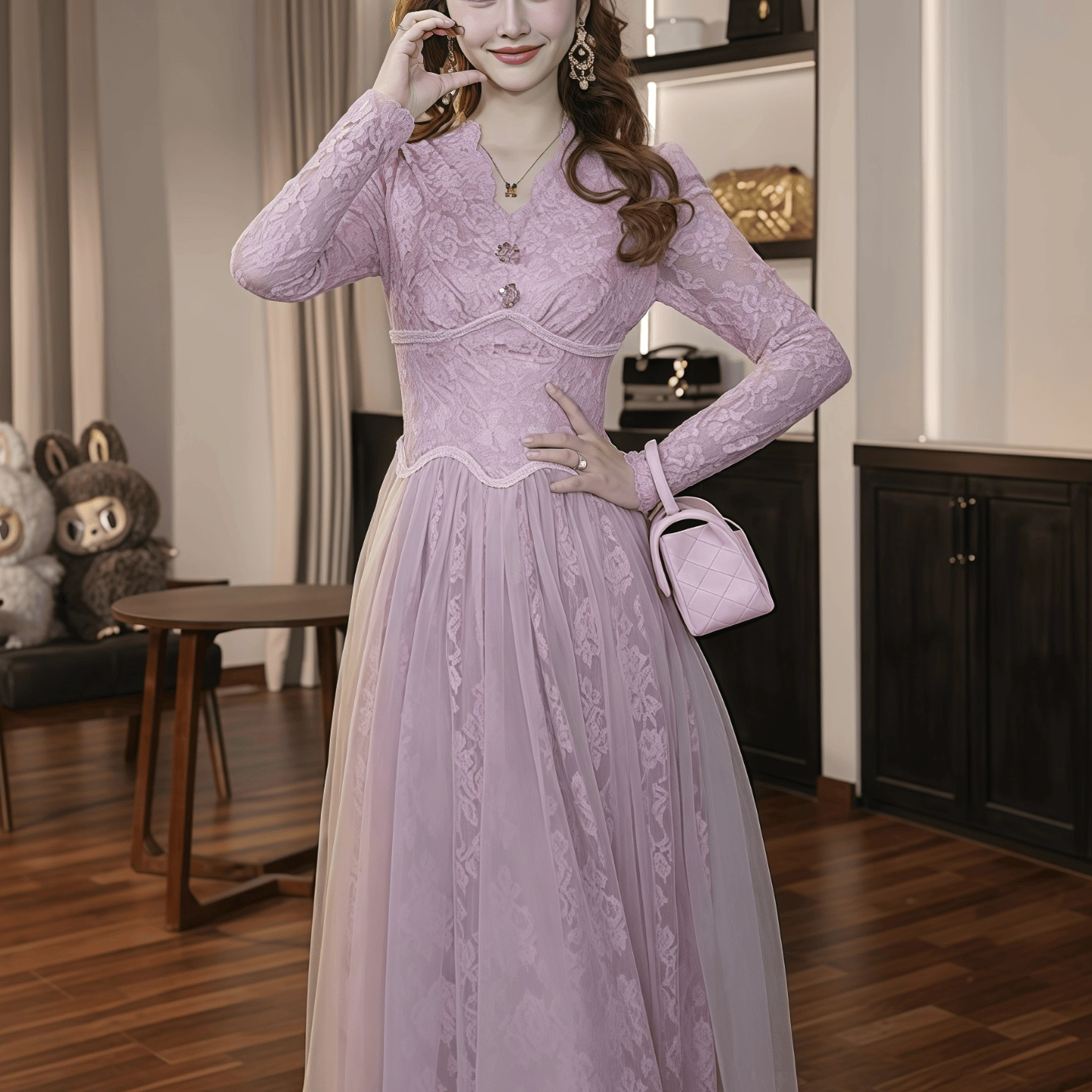 22018 法式蕾丝荷叶边花朵礼服长裙V领大摆裙网纱收腰长袖连衣裙