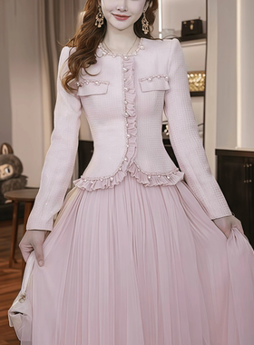 15627 法式小香风高腰拼接飘逸连衣裙女珍珠亮片粉色公主中长裙