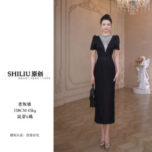 夏季 十六原创 黑色重工钻时尚 连衣裙9040 百搭显瘦轻奢女装