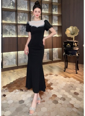 15376显瘦气质夏季复古法式修身名媛长款收腰赫本风优雅连衣裙