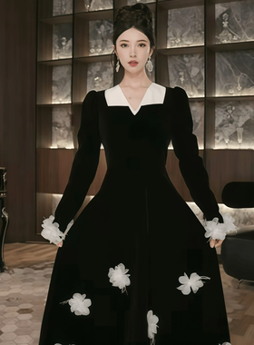 15613 千金富贵黑色丝绒连衣裙女立体花朵气质中长A字裙