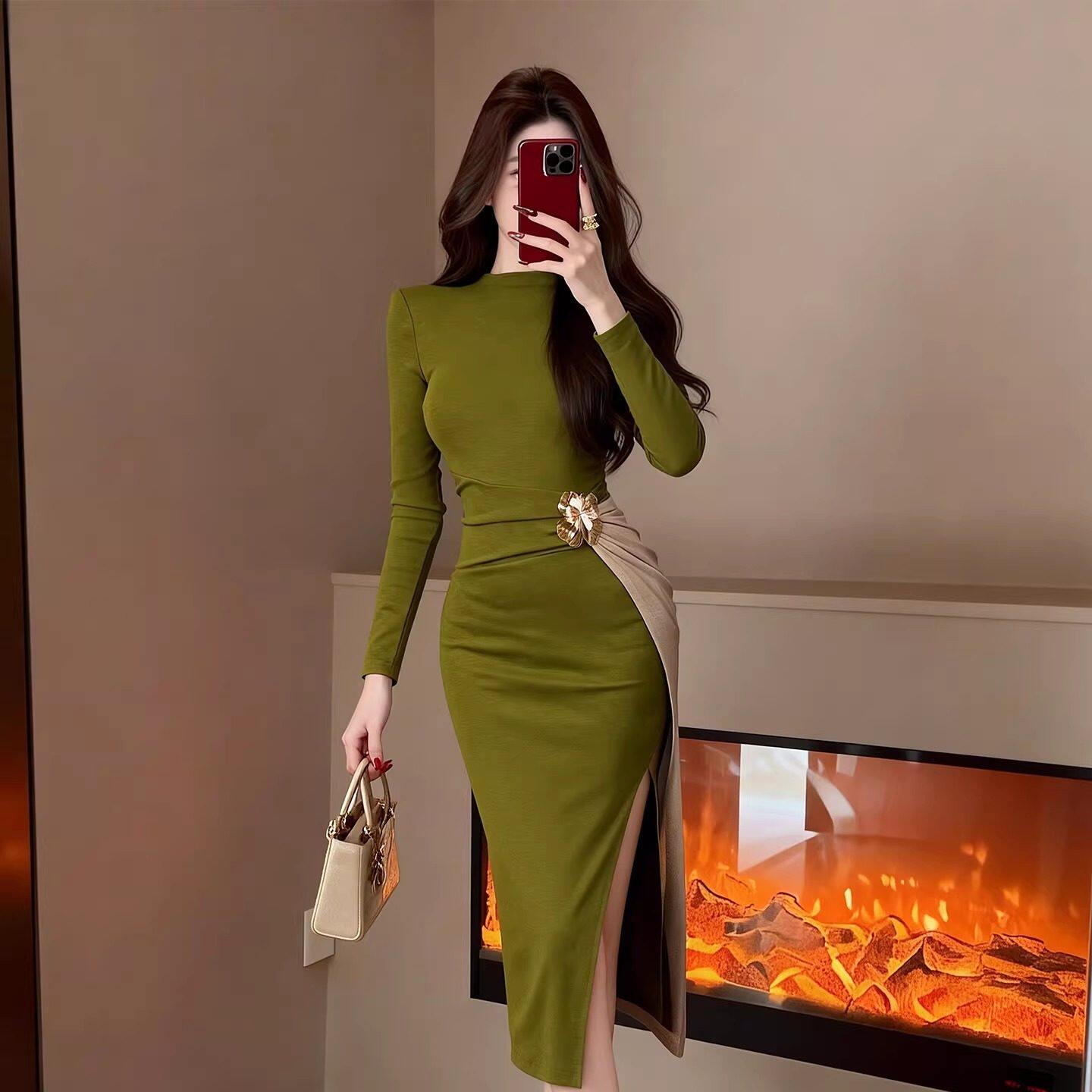 21954 秋冬装新款女装法式气质设计感撞色拼接修身包臀连衣裙内搭