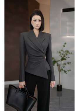 35424原创设计羊毛西装领收腰时尚通勤短款外套