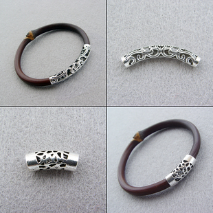 鸡血藤木手镯配件细款藏银镂空祥云小孔径弯管银套复古民族风配件