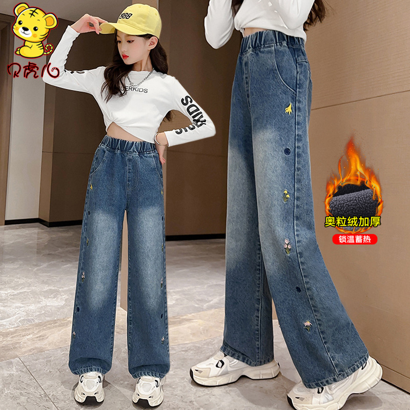 女童加绒裤子秋冬中大童阔腿裤