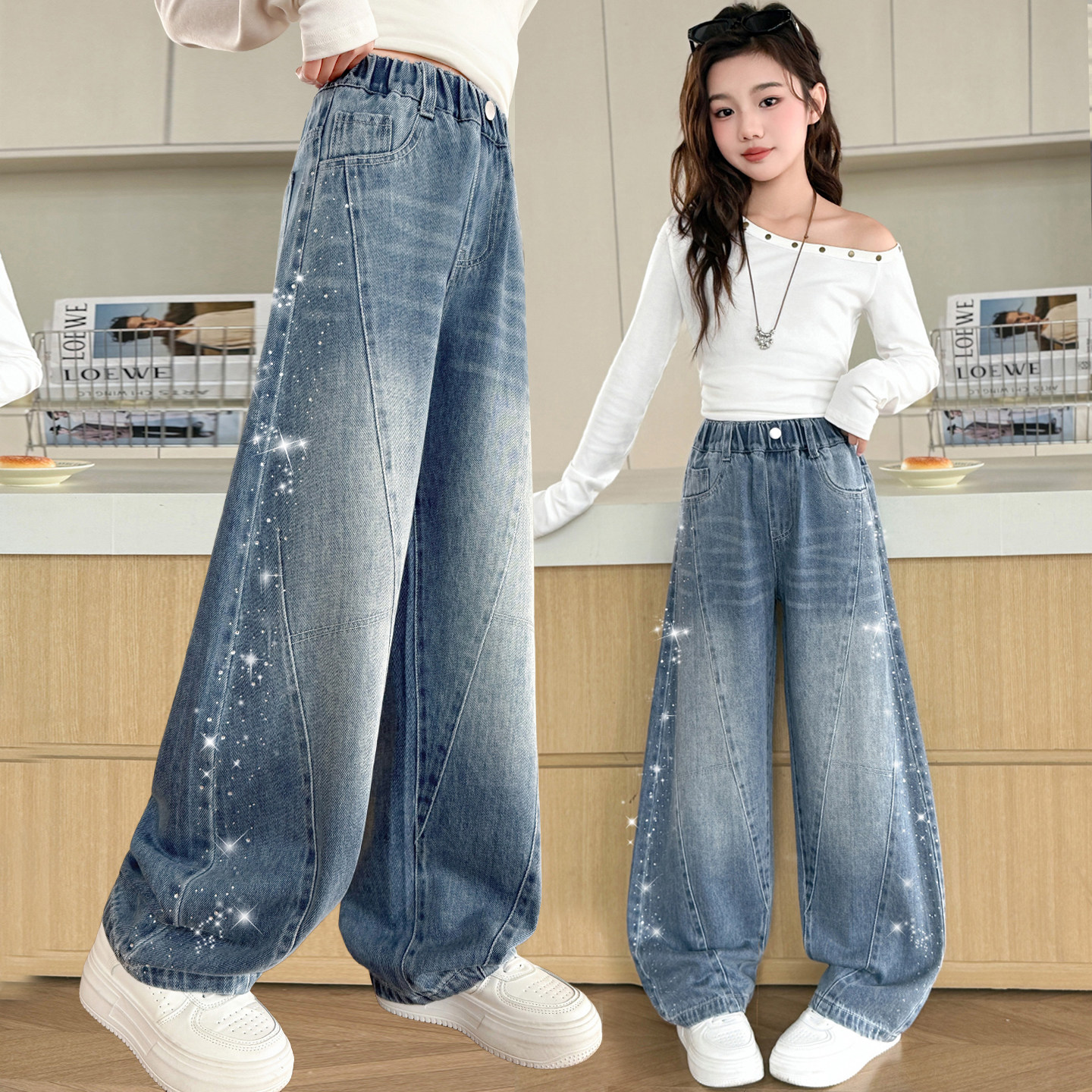 女童裤子春秋外穿2026新款中大童女孩春季韩版休闲百搭牛仔阔腿裤