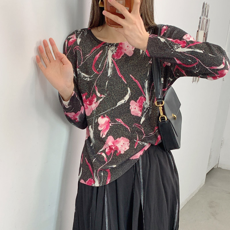 欧美弹力套头圆领印花针织衫上衣