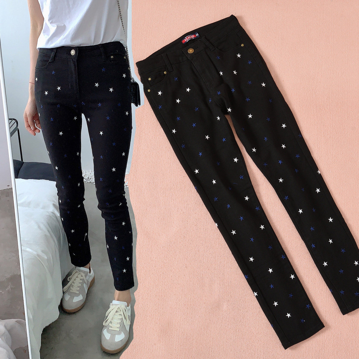 欧美刺绣星星全棉口袋修身小脚休闲长裤铅笔裤 外贸原单女装春秋
