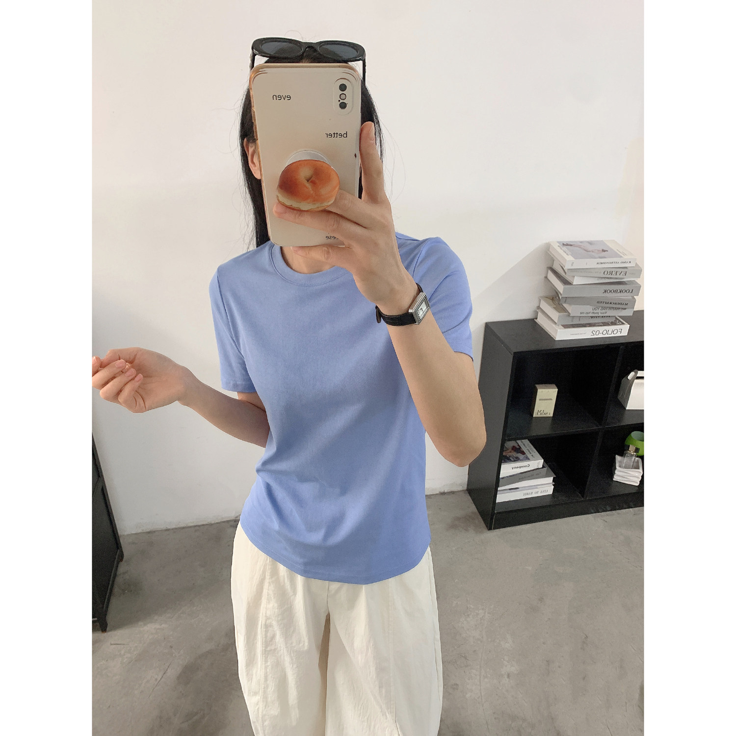 欧美圆领全棉较高克重简约中长款休闲短袖T恤 外贸原单女装夏新款