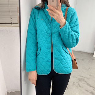 出日本菱形格绗缝防风雨雪连帽薄款 外贸原单日单女秋冬 棉衣外套