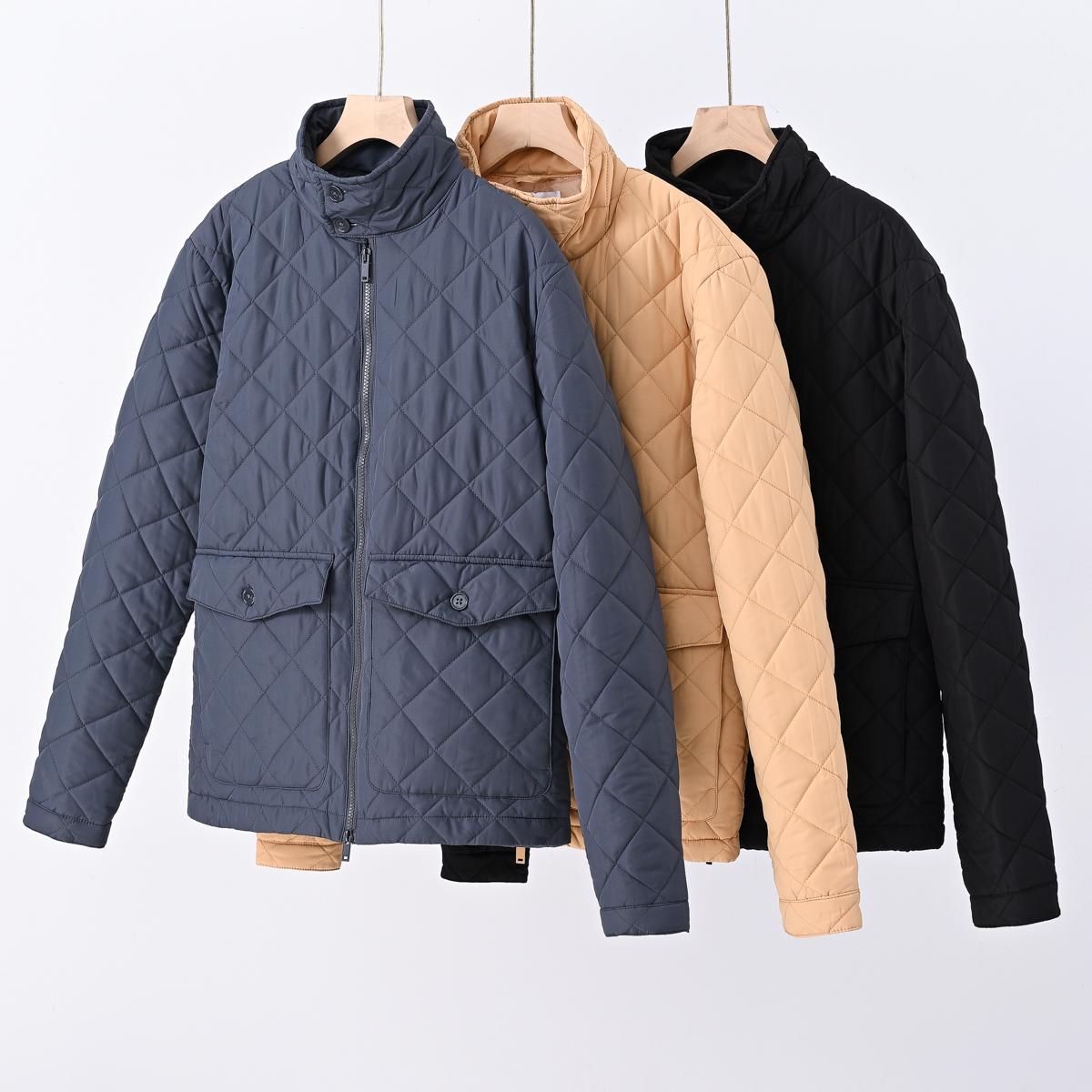 菱形格中长棉衣北欧保暖简约宽松