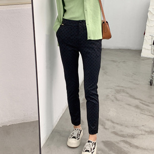 长裤 萝卜裤 外贸原单女春秋 锥形裤 次品欧美波点高腰口袋小脚休闲裤