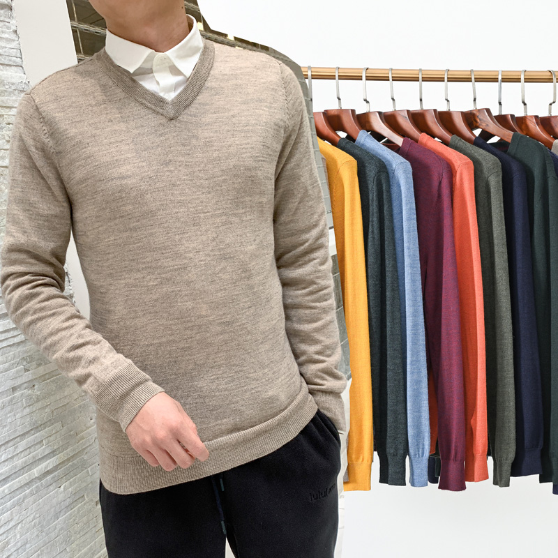 欧美套头美利奴细羊毛V领薄毛衣