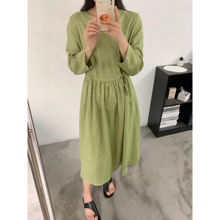 V领100%亚麻七分袖口袋收腰显瘦中长款连衣裙 原单女装夏季凉爽