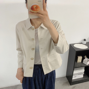 欧美棉混纺柔软短款七分袖显瘦休闲通勤OL外套 外贸原单女装春秋