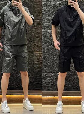 夏季工装连帽速干透气男两件套