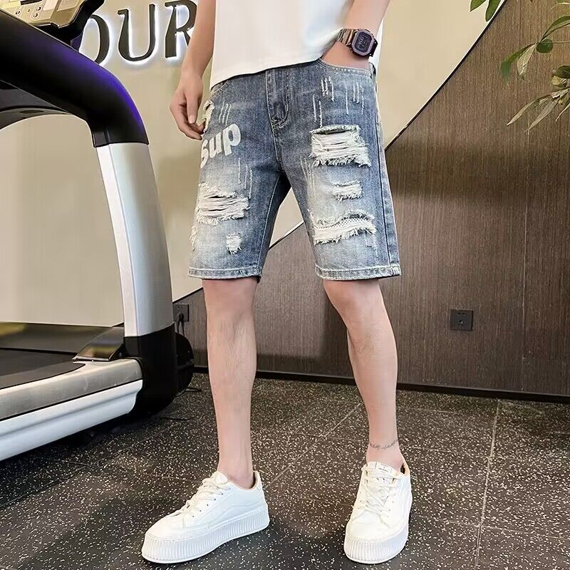 潮牌破洞牛仔短裤男2025夏季薄款男士休闲直筒中裤子半截裤五分裤