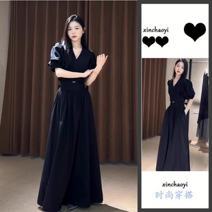 赫本风法式 高级感小个子气质长裙 v领黑色连衣裙子女夏季 2025新款