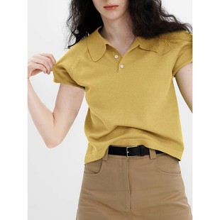 针织POLO衫 设计感法式 黄色正肩短袖 女夏季 上衣 复古显瘦小飞袖 薄款