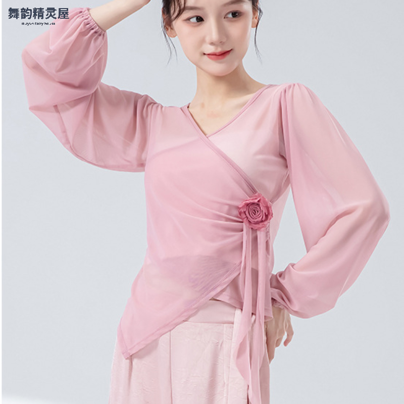 新款古典舞身韵练功服女网纱衣民族舞上衣艺考仙气飘逸舞蹈形体服
