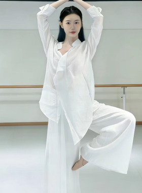 现代舞练功服套装飘逸V领宽松白色衬衫古典舞服中国舞演出舞蹈服