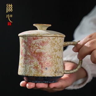 大师手绘青花火石红锦鲤办公水杯高档精致送长辈老师乔迁生日礼物