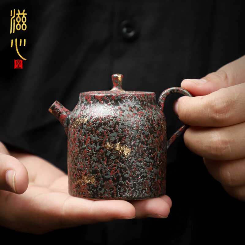 九觉堂复古泥彩釉洒金茶壶岩纹柴烧高档小壶家用带球孔过滤茶单壶