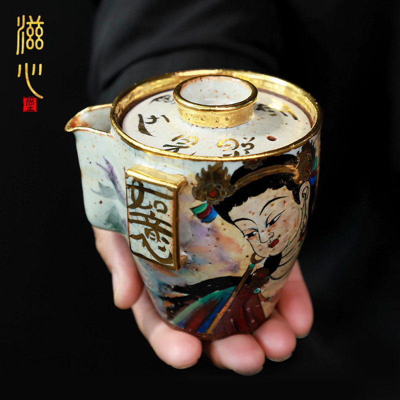 高端禾泥纯手工手绘敦煌宝瓶陶瓷家用喝茶单个手抓泡茶壶功夫茶具