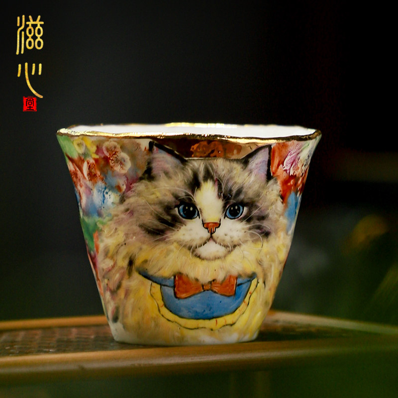柴烧手绘猫咪茶杯禾泥主人杯