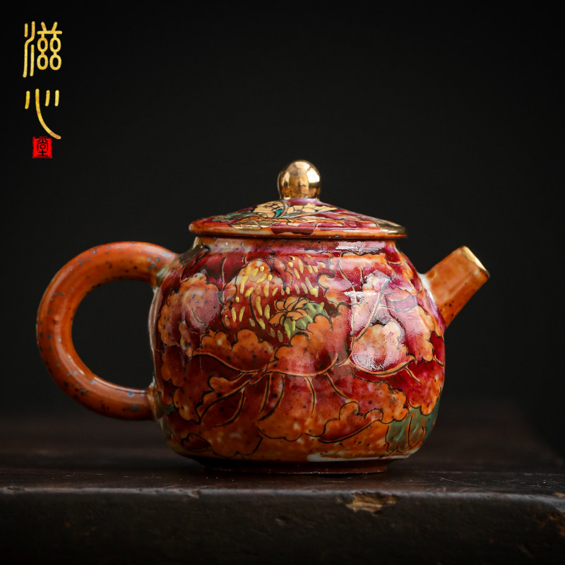 高档曾燕宝手绘牡丹志野烧非柴烧茶壶手工家用喝茶泡茶壶功夫茶具