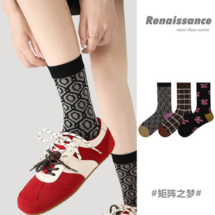 撞色格子中筒女袜 Renaissance袜子女ins潮春秋精梳棉复古韩系个性