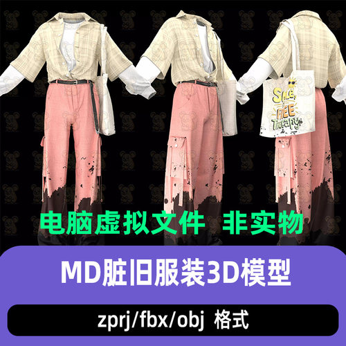 MD写实风格现代女性服装脏旧服饰帆布包CLO3D模型maya c4d 3dmax