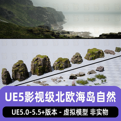UE5.4虚幻5影视CG级北欧岛屿高地岩石山丘悬崖自然环境3D场景道具