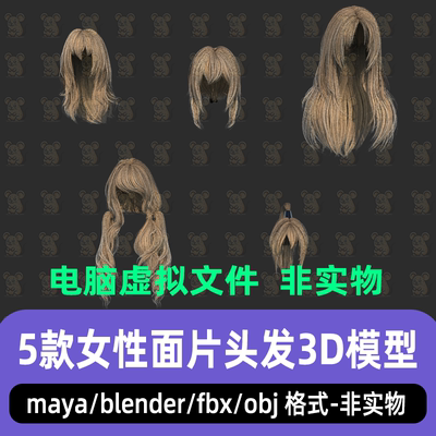 maya女性头发长发短发马尾5款面片头发毛发blender头发短发3d模型