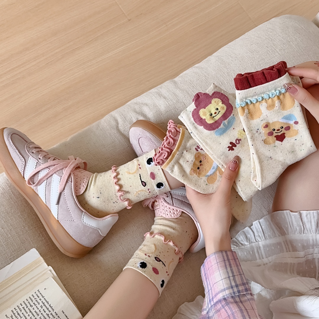 双层泡泡花边袜子甜美点子纱